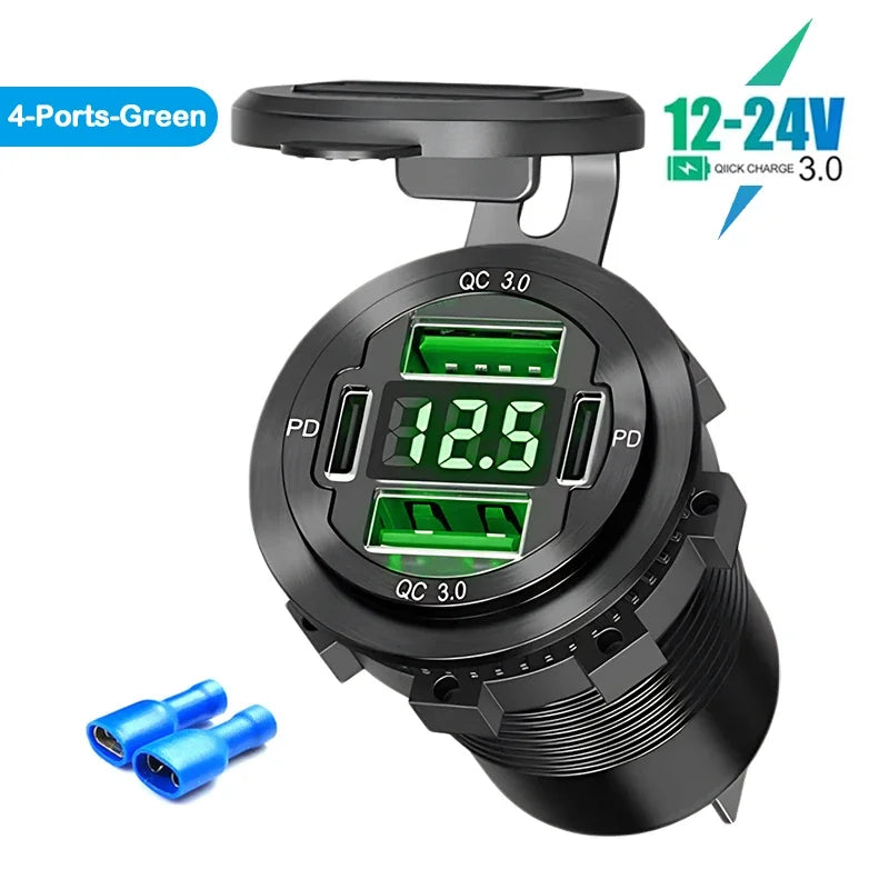 VoltMax Pro 76W 4-Port USB Car Charger with LED Voltmeter & Dual PD