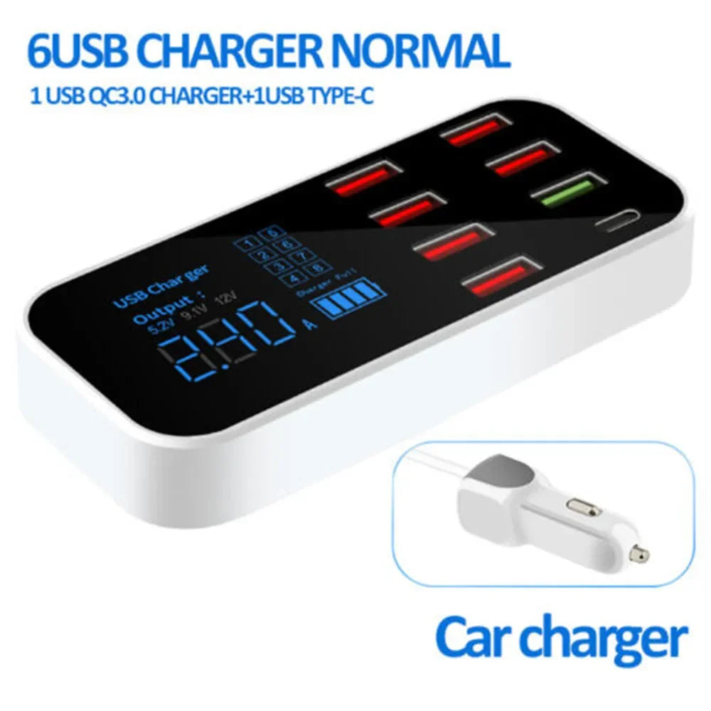 Vexrix 8-Port USB Car Charger Hub PD QC3.0 with LED for iPhone 15/14