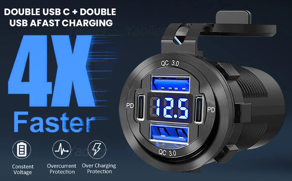 VoltMax Pro 76W 4-Port USB Car Charger with LED Voltmeter & Dual PD