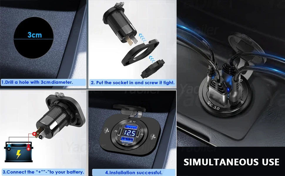 VoltMax Pro 76W 4-Port USB Car Charger with LED Voltmeter & Dual PD