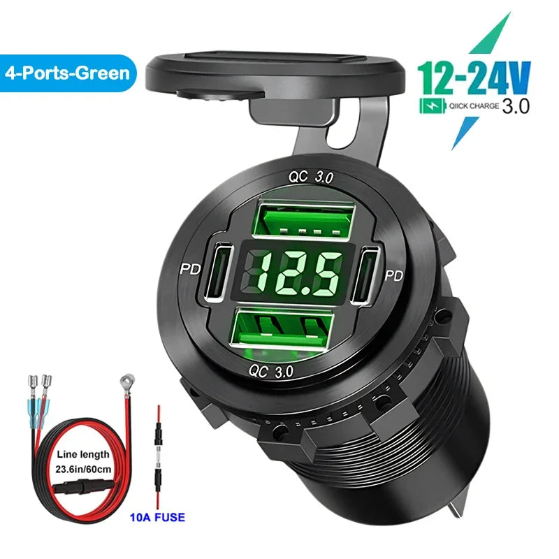 VoltMax Pro 76W 4-Port USB Car Charger with LED Voltmeter & Dual PD