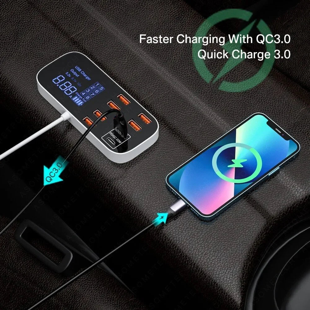 Vexrix 8-Port USB Car Charger Hub PD QC3.0 with LED for iPhone 15/14