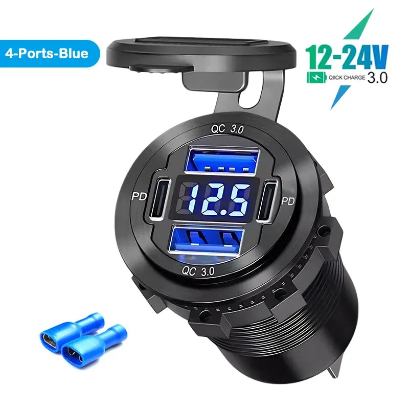 VoltMax Pro 76W 4-Port USB Car Charger with LED Voltmeter & Dual PD