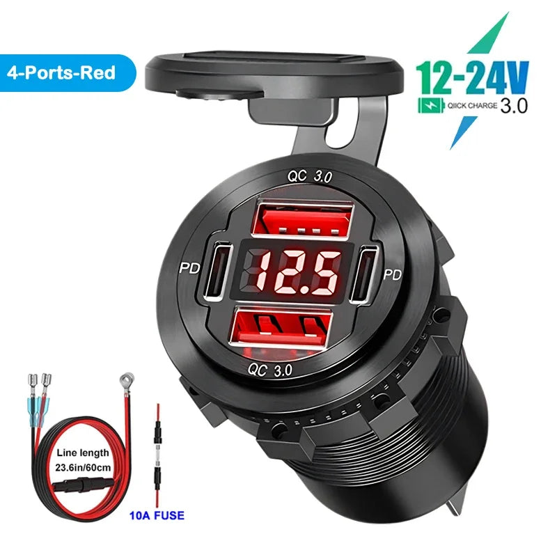 VoltMax Pro 76W 4-Port USB Car Charger with LED Voltmeter & Dual PD
