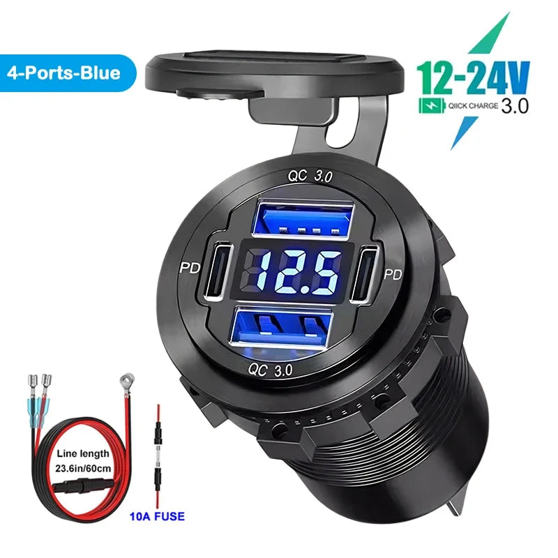VoltMax Pro 76W 4-Port USB Car Charger with LED Voltmeter & Dual PD