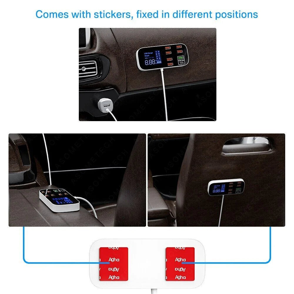Vexrix 8-Port USB Car Charger Hub PD QC3.0 with LED for iPhone 15/14