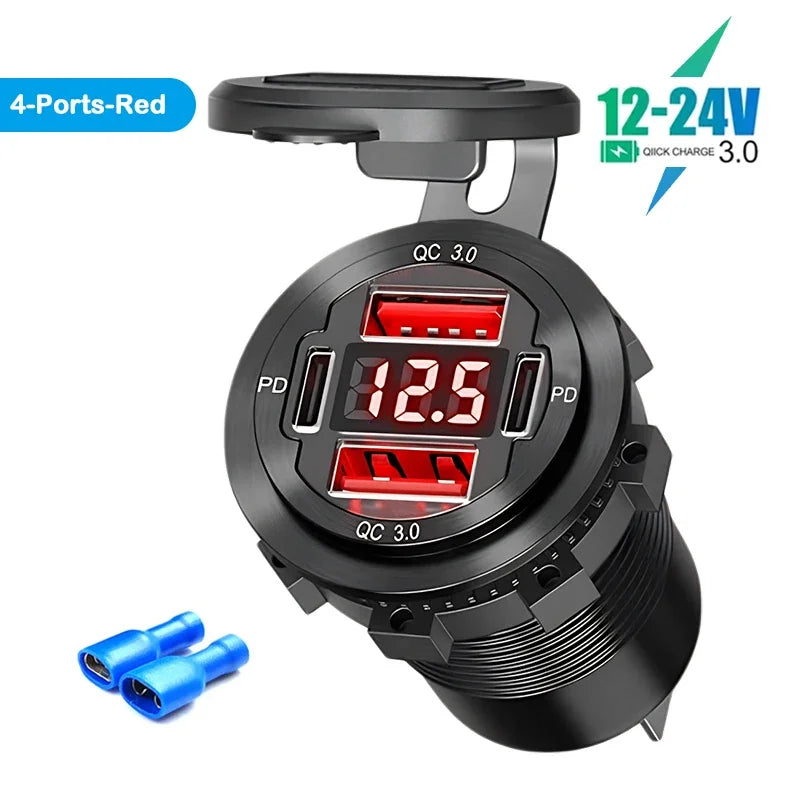 VoltMax Pro 76W 4-Port USB Car Charger with LED Voltmeter & Dual PD